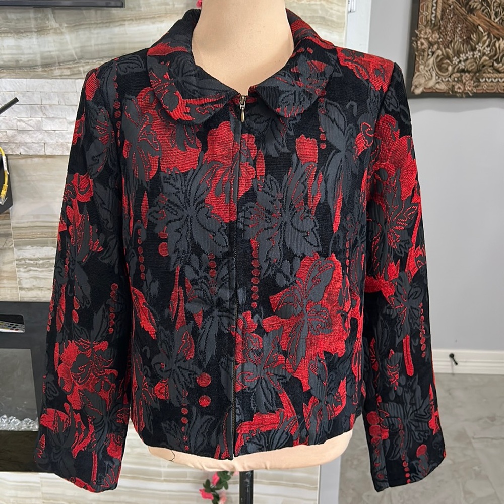 Scot Taylor Black Red Brocade Blazer‎ Jacket. Size L (845)